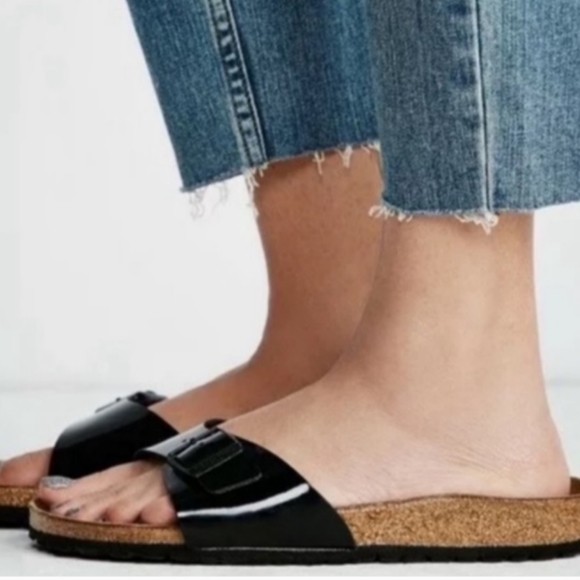Birkenstock Madrid Birko-Flor Black Patent Cork Sandal Size 5 - Picture 2 of 13